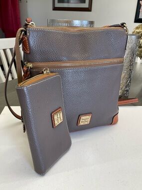 Dooney & Bourke Gray Pebbled Leather Crossbody with Tan Trim and Matching Wallet